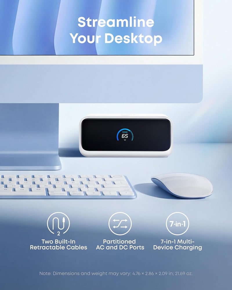 Anker Nano Charging Station, 7-in-1 USB-C Power Strip for iPhone 16, 2.3 ft InstaCord Retractable Cable, 3 USB-C, 1 USB-A, 3 AC, 100W Desktop Fast Charging for MacBook, Home, Office(Non-Battery) - Image 3